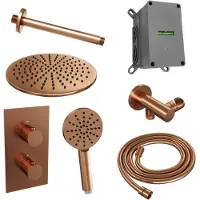 Brauer Copper Edition thermostatische inbouw regendouche 3-weg omstelling SET 36 met 30 cm douchekop en plafondarm en 3-standen handdouche en doucheslang en wandaansluitbocht koper geborsteld PVD
