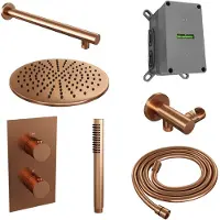 Brauer Edition Inbouwset Met 3-weg Thermostaat - Hoofddouche 30cm - Rechte Wandarm 40cm - Staafhanddouche - Wandaansluiting - Geborsteld Koper PVD - Kranen, Douchekranen, Douchesets, Inbouw
