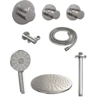 Brauer Brushed Edition thermostatische inbouw regendouche SET 12 met 30 cm douchekop en plafondarm en 3-standen handdouche en doucheslang en wandaansluitbocht RVS geborsteld PVD