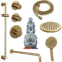 Brauer Gold Edition thermostatische inbouw regendouche SET 21 met 20 cm douchekop en gebogen muurarm en 3-standen handdouche en doucheslang en geïntegreerde glijstang goud geborsteld PVD