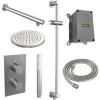 Brauer Brushed Edition thermostatische inbouw regendouche 3-weg omstelling SET 37 met 20 cm douchekop en rechte muurarm en staaf handdouche en doucheslang en geïntegreerde glijstang RVS geborsteld PVD