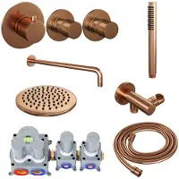 Brauer Copper Edition thermostatische inbouw regendouche SET 03 met 20 cm douchekop en gebogen muurarm en staaf handdouche en doucheslang en wandaansluitbocht koper geborsteld PVD