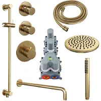 Brauer Gold Edition thermostatische inbouw regendouche SET 15 met 20 cm douchekop en gebogen muurarm en staaf handdouche en doucheslang en geïntegreerde glijstang goud geborsteld PVD