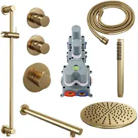 Brauer Gold Edition thermostatische inbouw regendouche SET 14 met 30 cm douchekop en rechte muurarm en staaf handdouche en doucheslang en geïntegreerde glijstang goud geborsteld PVD