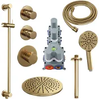 Brauer Gold Edition thermostatische inbouw regendouche SET 24 met 30 cm douchekop en plafondarm en 3-standen handdouche en doucheslang en geïntegreerde glijstang goud geborsteld PVD