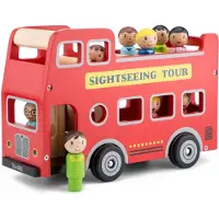 Woet Houten City Tour Bus - Dubbeldekker Bus met Chauffeur en 8 Passagiers - Speelgoedvoertuig met Poppetjes - Rollenspel Speelgoed - Vanaf 18 Maanden