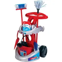 Klein Toys Vileda reinigingswagen - dweil, bezem en verscheidene huishoudelijke accessoires - 61 cm lange dweil - 55,5 cm lange bezem - rood blauw