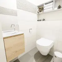 Mondiaz olan 40 cm toiletmeubel washed_oak. Lex wastafel talc links 1 kraangat