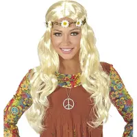 Finidi Blonde hippie pruik met margrietjes in haarband
