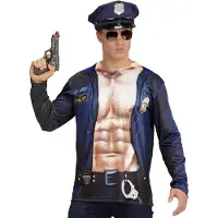 Widmann - Politie & Detective Kostuum - T-Shirt Lange Mouwen Potige Politie Man - Blauw, Beige - Medium / Large - Carnavalskleding - Verkleedkleding