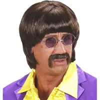 Finidi Bruine popster pruik 60s Luuk met snor en bril