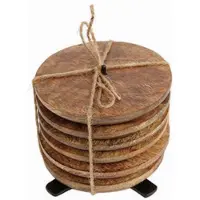 House of Nature - Houten onderzetters met zwart metalen houder - 6 stuks - mangohout - 10cm