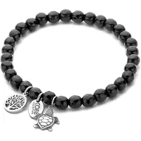 CO88 Collection 8CB-90977 Stalen Armband - Dames - Kralen - Agaat - Zwart - 6 mm Doorsnee - Hanger - Schildpad - 15 mm Doorsnee - Levensboom - 10 mm Doorsnee - Rekbaar - 18 cm - Staal - Zilverkleurig