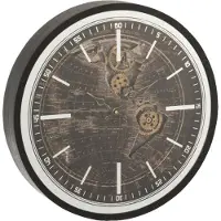 J-Line Wereldkaart klok - hout - goud/zwart - small - Ø 48 cm - woonaccessoires