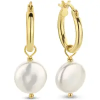 New Bling 9NB-0785 Zilveren Oorringen met Hangertje - Dames - Parel - 11 x 4,6 mm Doorsnee - Oorringen - 12 x 2 mm - Zilver - Gold plated (verguld/Goud op Zilver)