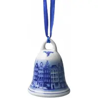 Heinen Delfts Blauw Kerstbel Grachtenpandjes - Delfts blauw - Keramiek - 7 cm
