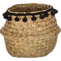 Atmosphera Rieten opbergmand zwart pom pom - Bloempot - Zeegras - D 16 cm