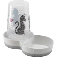 Flamingo Automatische voerbak kat & hond – Drinkfontein - Cats in Love Grijs & Wit – 1,5L – met speelballetje – voeder- en waterautomaat