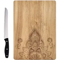 Zeller Rechthoekige houten snijplanken met mandala print 40 cm inclusief RVS broodmes 33 cm - Snijplanken