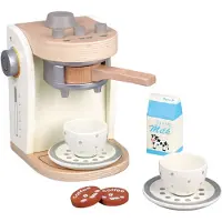 Woet Houten Koffiemachine Speelgoed - Inclusief Koffiepad, Kopjes, Schoteltjes, Melk en Suiker - Koffiezetapparaat voor Kinderen - Rollenspel Keukenspeelgoed - Vanaf 3 Jaar