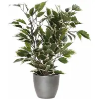 Mica Decorations Groen/witte ficus kunstplant 40 cm met plantenpot zilver metallic D13.5 en H12.5 cm - Kunstplanten