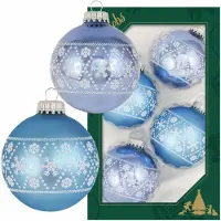Merkloos 12x Glazen ijsblauwe/lichtblauwe kerstballen met witte decoratie 7 cm - Kerstbal