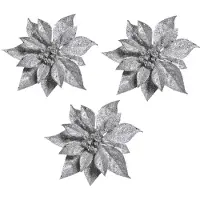 Cosy & Trendy 3x Kerstversieringen kerststerren bloemen zilver op clip - Kersthangers