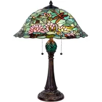 Clayre & Eef Tiffany tafellamp, diameter 47 cm, hoogte 60 cm, groen, bruin glas, libelle-motief