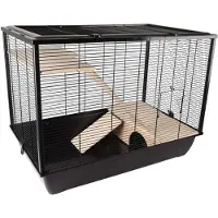 Flamingo Hamsterkooi – Elsa – caviakooi & dwergkonijnenkooi – grote knaagdierenkooi met platforms, loopplanken en schuilplaats – metaal zwart & hout naturel – 77x47x60 cm – Europese kwaliteit