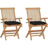vidaXL Opklapbare stoelen met zwarte kussens, 2 stuks, massief teakhout