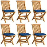 vidaXL Klapstoelen met blauwe kussens, 6 stuks, massief teak hout