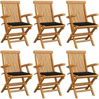 vidaXL Klapstoelen met zwarte kussens, 6 stuks, massief teakhout