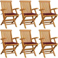 vidaXL Tuinstoelen 6 st met wijnrode kussens massief teakhout