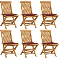 vidaXL Tuinstoelen 6 st met wijnrode kussens massief teakhout