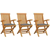 vidaXL Klapstoelen met grijze kussens, 3-delig, massief teak hout