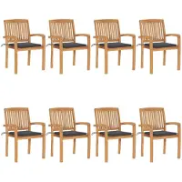 vidaXL Stapelbare tuinstoelen met kussens, 8 stuks, massief teakhout