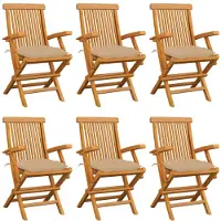 vidaXL Klapstoelen met beige kussens, 6 stuks, massief teakhout