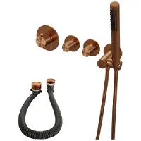 Brauer Copper Carving thermostatische inbouw badkraan SET 01 met badvulcombinatie en staaf handdouche en doucheslang en wandaansluitbocht koper geborsteld PVD