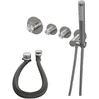Brauer Brushed Carving thermostatische inbouw badkraan SET 01 met badvulcombinatie en staaf handdouche en doucheslang en wandaansluitbocht RVS geborsteld PVD