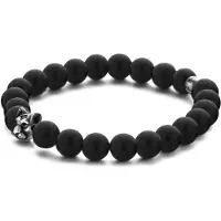 Kaliber 7KB-0165M Kralen Armband - Heren - Agaat - Zwart - 8 mm - Panter - 14 mm - 18 cm - Rekbaar - Staal - Zwart