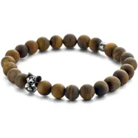 Kaliber 7KB-0171L Kralen Armband - Heren - Tijgeroog - Bruin - 8 mm - 20 cm - Rekbaar - Staal - Grijs