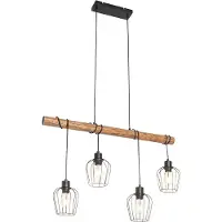 QAZQA Landelijke hanglamp zwart met hout 4-lichts - Stronk
