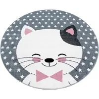 Muratap Kids poesje rond vloerkleed kinderkamer wit / grijs / roze laagpolig- 160 cm rond
