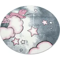 Muratap Kids poesje rond vloerkleed kinderkamer grijs / roze laagpolig- 160 cm rond