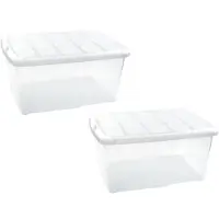 Forte Plastics 2x Opslagbakken/organizers met deksel 60 liter 63 x 46 x 32 transparant/wit - Opbergbox
