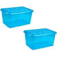 Forte Plastics 2x Opslagbakken/organizers met deksel 60 liter 63 x 46 x 32 transparant blauw - Opbergbox