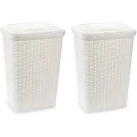 Forte Plastics 2x stuks grote rotan wasmand met deksel van 60 liter in het wit - Wasmanden