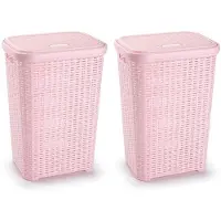 Forte Plastics 2x stuks grote rotan wasmand met deksel van 60 liter in het lichtroze - Wasmanden