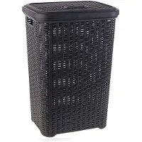 Forte Plastics 2x stuks grote rotan wasmand met deksel van 60 liter in het donkergrijs - Wasmanden