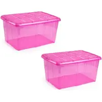 Forte Plastics 2x Opslagbakken/organizers met deksel 60 liter 63 x 46 x 32 transparant roze - Opbergbox